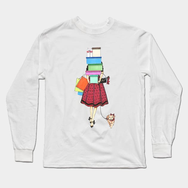 Shopping Lady Long Sleeve T-Shirt by Ji Illustrator